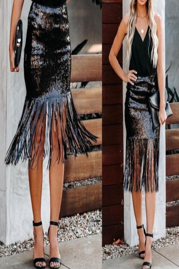 ELINA BLACK SKIRT WITH FRINGE